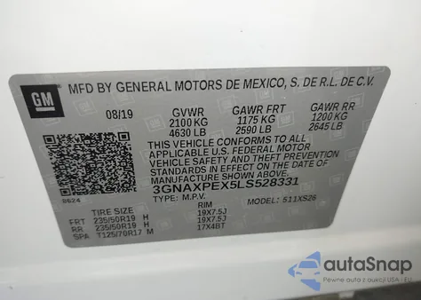 2020 Chevrolet Equinox Fwd Premier 2.0L Turbo из США, поврежденный, VIN 3GNAXPEX5LS528331